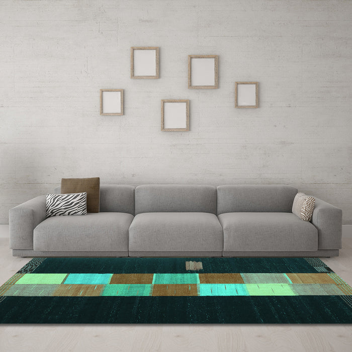 Machine Washable Abstract Turquoise Contemporary Area Rugs in a Living Room,, wshcon1147turq
