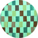 Round Machine Washable Checkered Turquoise Modern Area Rugs, wshcon1148turq