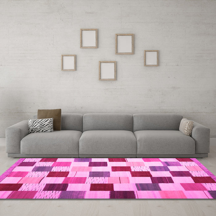 Machine Washable Checkered Pink Modern Rug in a Living Room, wshcon1148pnk