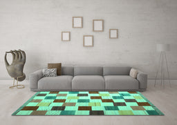 Machine Washable Checkered Turquoise Modern Area Rugs in a Living Room,, wshcon1148turq