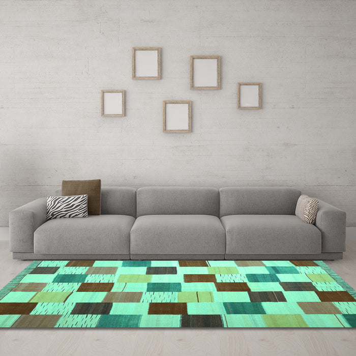 Machine Washable Checkered Turquoise Modern Area Rugs in a Living Room,, wshcon1148turq