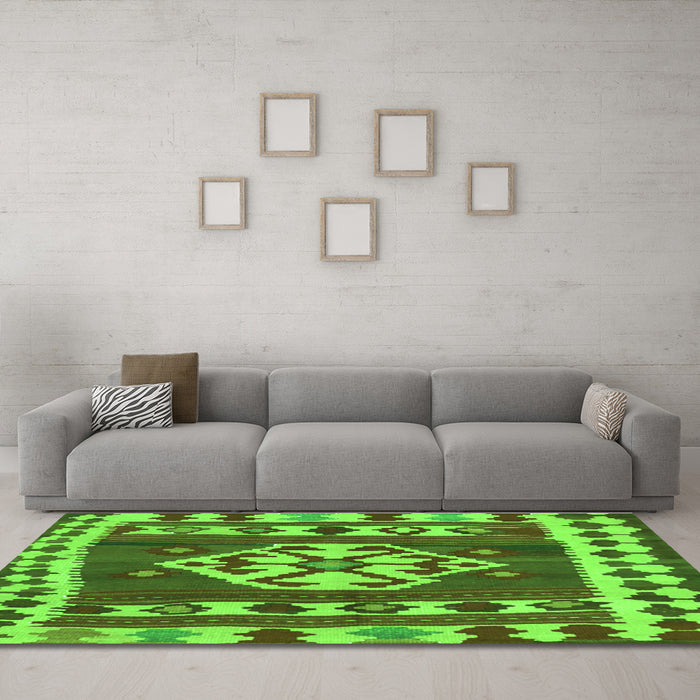 Machine Washable Southwestern Green Country Area Rugs in a Living Room,, wshcon1152grn