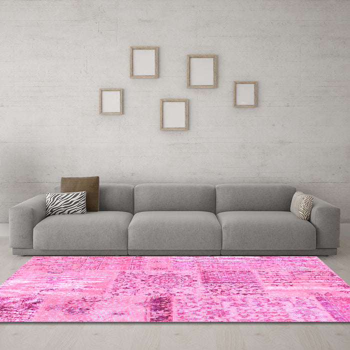 Machine Washable Patchwork Pink Transitional Rug in a Living Room, wshcon1163pnk