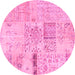 Round Machine Washable Patchwork Pink Transitional Rug, wshcon1163pnk