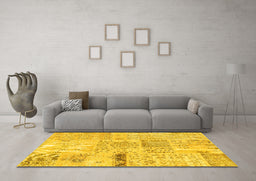 Machine Washable Patchwork Yellow Transitional Rug in a Living Room, wshcon1163yw