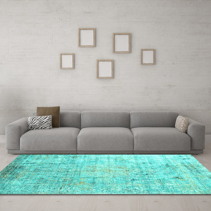 Machine Washable Abstract Turquoise Contemporary Area Rugs in a Living Room,, wshcon1168turq