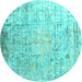 Round Machine Washable Abstract Turquoise Contemporary Area Rugs, wshcon1168turq