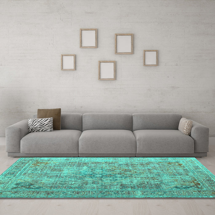 Machine Washable Abstract Turquoise Contemporary Area Rugs in a Living Room,, wshcon1169turq