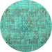 Round Machine Washable Abstract Turquoise Contemporary Area Rugs, wshcon1169turq