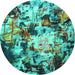 Round Machine Washable Abstract Turquoise Contemporary Area Rugs, wshcon1173turq