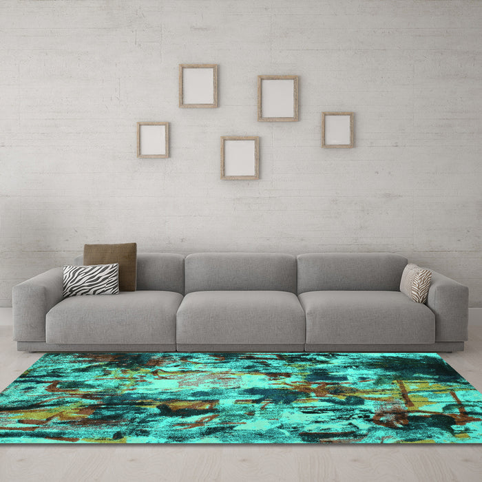 Machine Washable Abstract Turquoise Contemporary Area Rugs in a Living Room,, wshcon1176turq