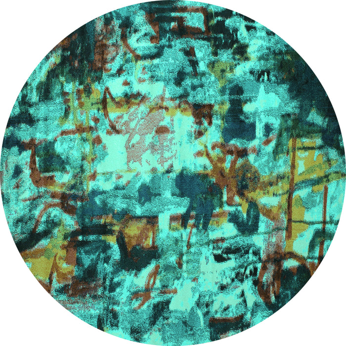 Round Machine Washable Abstract Turquoise Contemporary Area Rugs, wshcon1176turq