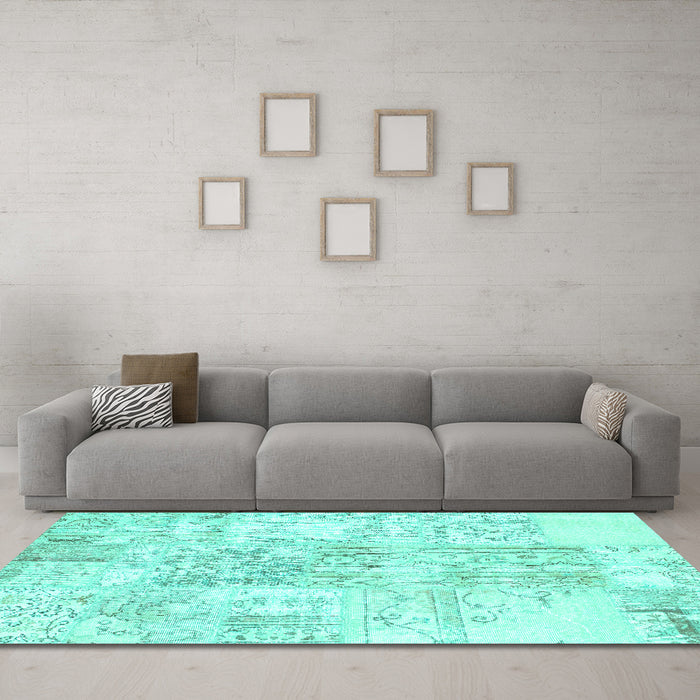 Machine Washable Abstract Turquoise Contemporary Area Rugs in a Living Room,, wshcon1184turq