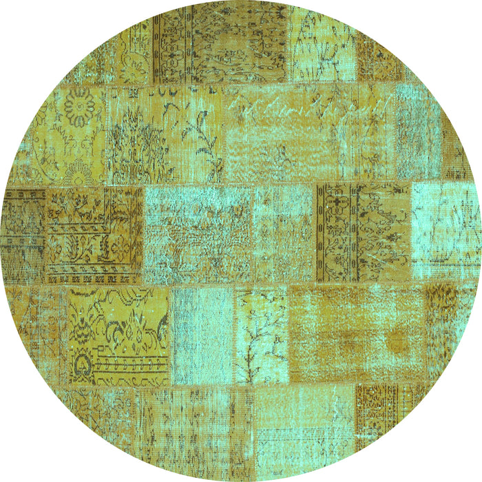 Round Machine Washable Patchwork Turquoise Transitional Area Rugs, wshcon1185turq