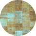 Round Machine Washable Patchwork Light Blue Transitional Rug, wshcon1185lblu