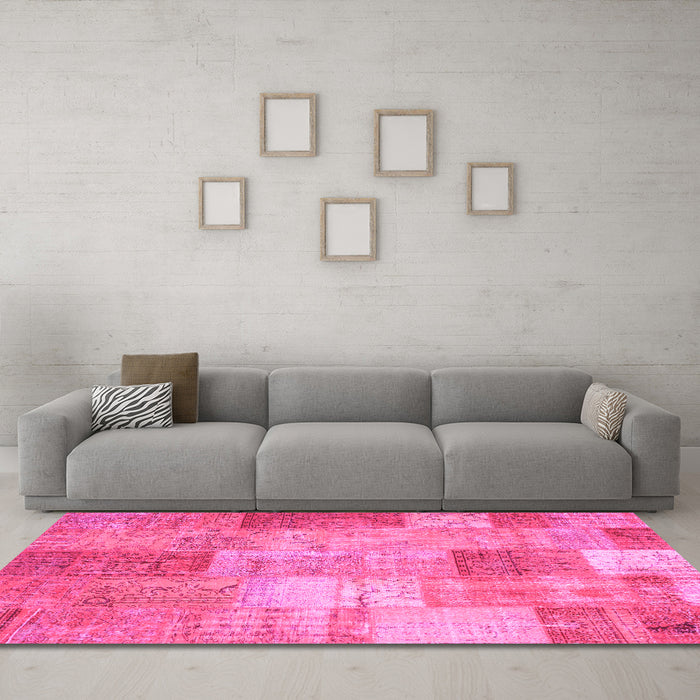 Machine Washable Patchwork Pink Transitional Rug in a Living Room, wshcon1185pnk