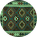 Round Machine Washable Oriental Turquoise Traditional Area Rugs, wshcon1188turq