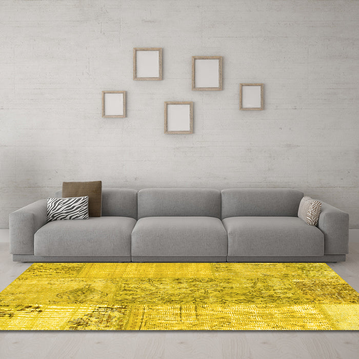 Machine Washable Patchwork Yellow Transitional Rug in a Living Room, wshcon1189yw