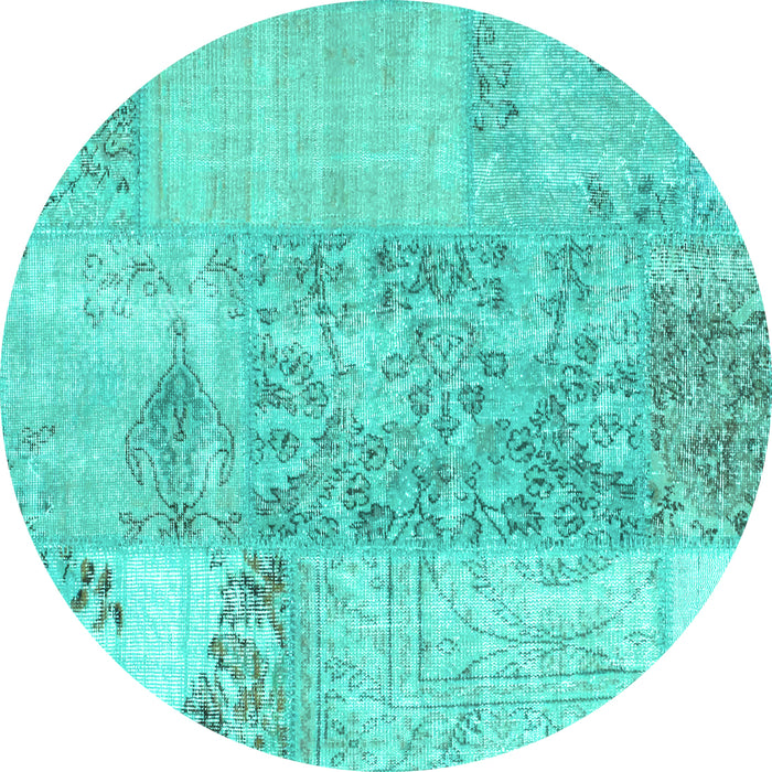 Round Machine Washable Patchwork Turquoise Transitional Area Rugs, wshcon1189turq