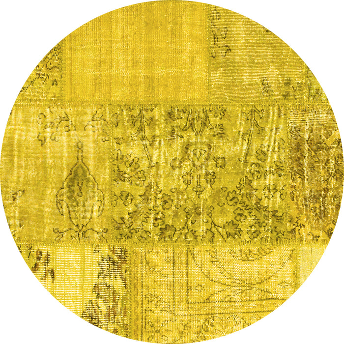 Round Machine Washable Patchwork Yellow Transitional Rug, wshcon1189yw