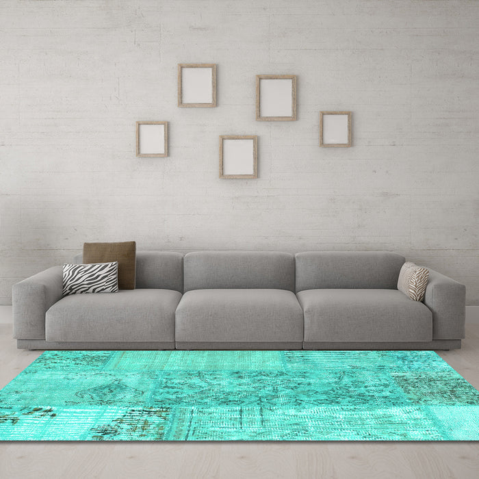 Machine Washable Patchwork Turquoise Transitional Area Rugs in a Living Room,, wshcon1189turq