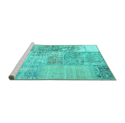 Sideview of Machine Washable Patchwork Turquoise Transitional Area Rugs, wshcon1190turq