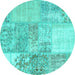 Round Machine Washable Patchwork Turquoise Transitional Area Rugs, wshcon1190turq