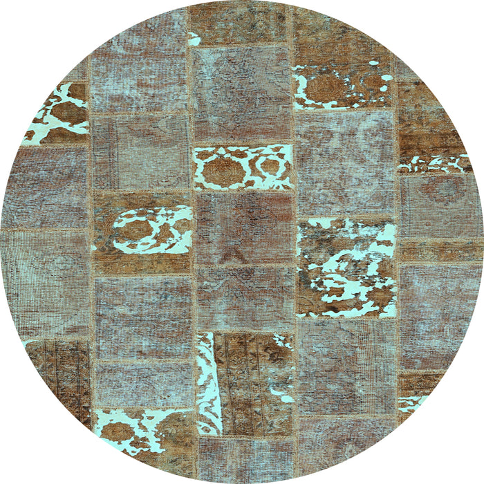 Round Machine Washable Patchwork Light Blue Transitional Rug, wshcon1193lblu