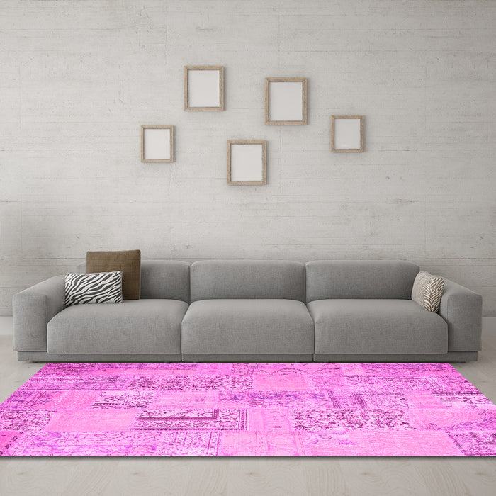 Machine Washable Patchwork Pink Transitional Rug in a Living Room, wshcon1196pnk