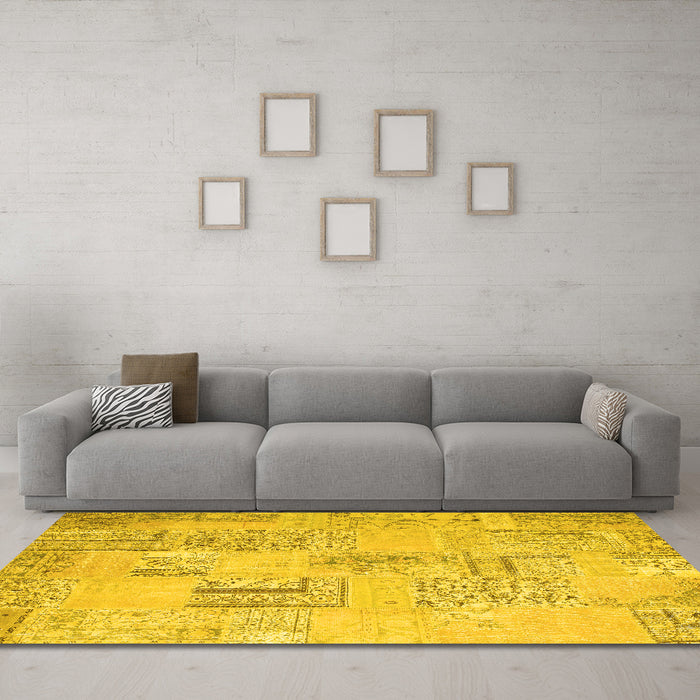 Machine Washable Patchwork Yellow Transitional Rug in a Living Room, wshcon1196yw