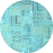 Round Machine Washable Patchwork Light Blue Transitional Rug, wshcon1196lblu