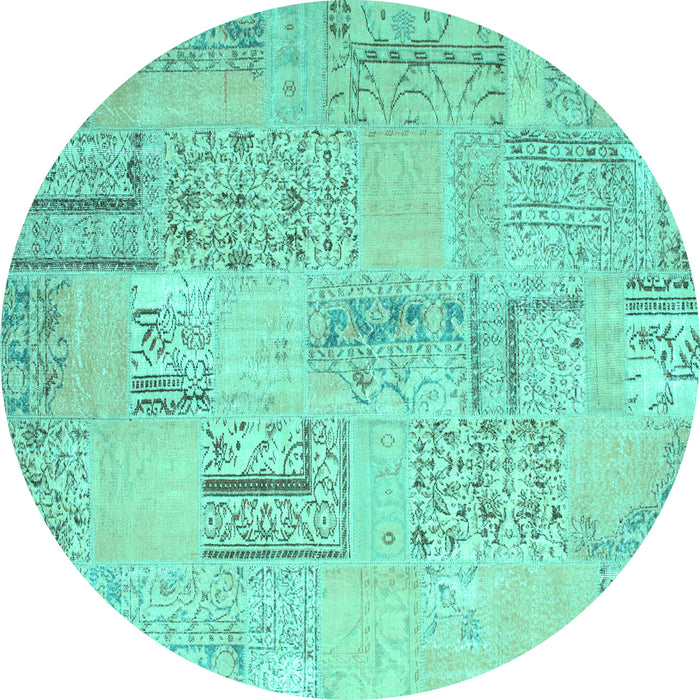 Round Machine Washable Patchwork Turquoise Transitional Area Rugs, wshcon1196turq