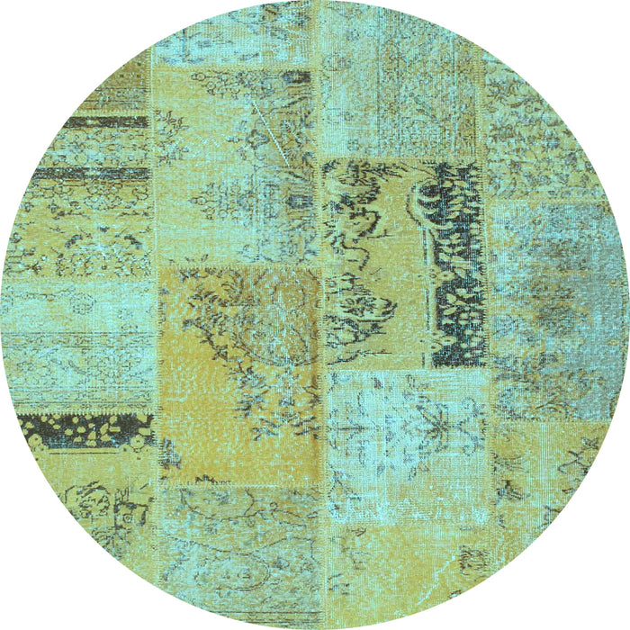 Round Machine Washable Patchwork Light Blue Transitional Rug, wshcon1201lblu
