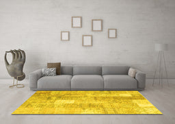 Machine Washable Patchwork Yellow Transitional Rug in a Living Room, wshcon1202yw