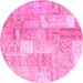 Round Machine Washable Patchwork Pink Transitional Rug, wshcon1202pnk