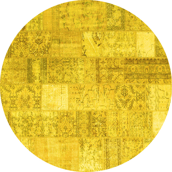 Round Machine Washable Patchwork Yellow Transitional Rug, wshcon1202yw