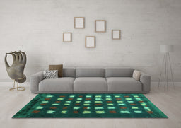 Machine Washable Abstract Turquoise Contemporary Area Rugs in a Living Room,, wshcon1205turq