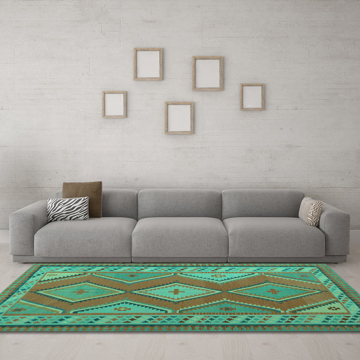Machine Washable Oriental Turquoise Traditional Area Rugs in a Living Room,, wshcon1208turq