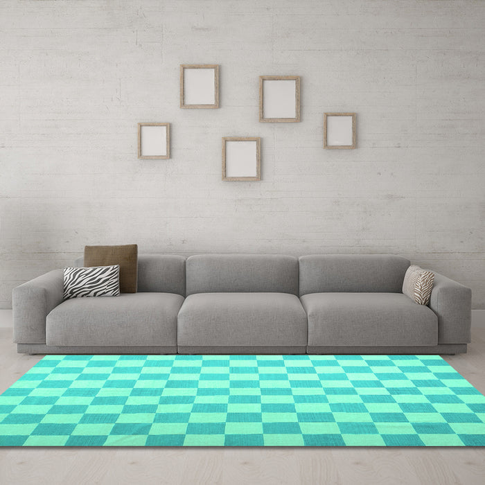 Machine Washable Checkered Turquoise Modern Area Rugs in a Living Room,, wshcon1214turq