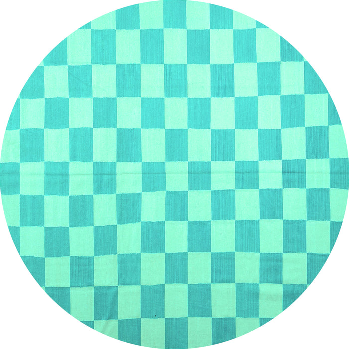 Round Machine Washable Checkered Turquoise Modern Area Rugs, wshcon1214turq