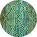 Round Machine Washable Abstract Turquoise Contemporary Area Rugs, wshcon1232turq