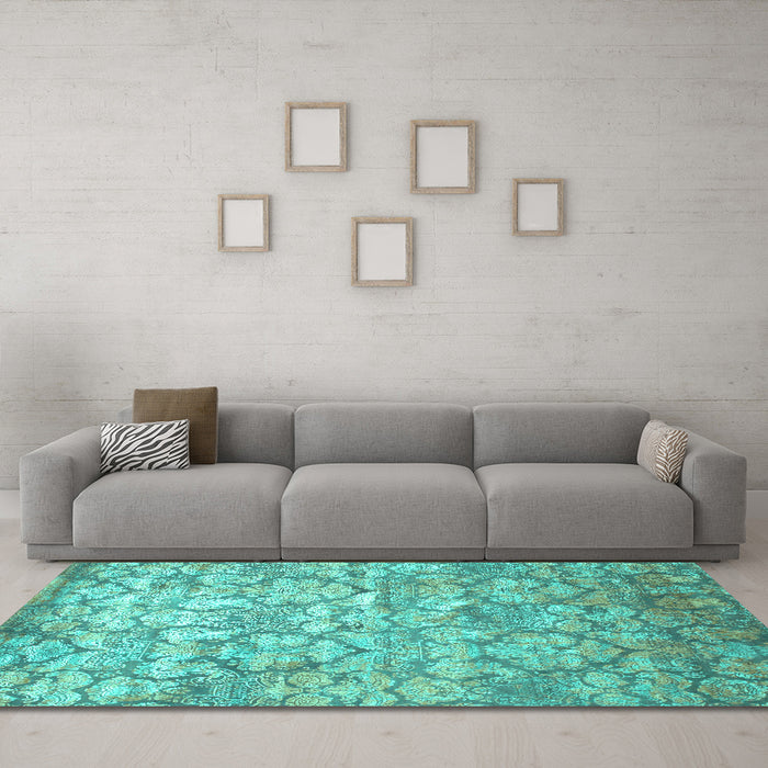 Machine Washable Abstract Turquoise Contemporary Area Rugs in a Living Room,, wshcon1239turq