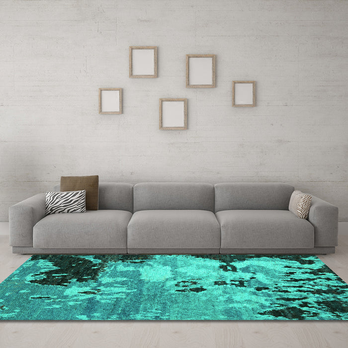 Machine Washable Abstract Turquoise Contemporary Area Rugs in a Living Room,, wshcon1243turq