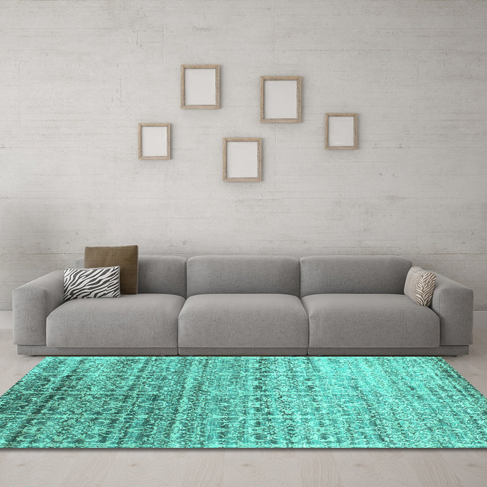 Machine Washable Abstract Turquoise Contemporary Area Rugs in a Living Room,, wshcon1245turq