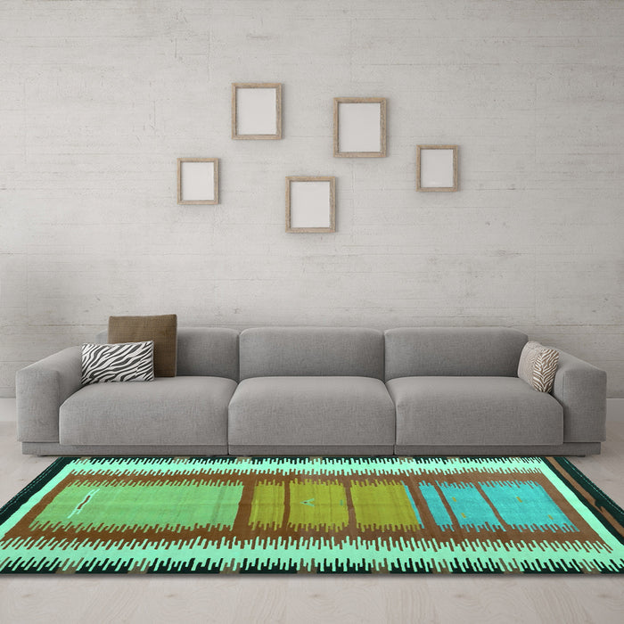 Machine Washable Southwestern Turquoise Country Area Rugs in a Living Room,, wshcon1254turq