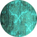 Round Machine Washable Abstract Turquoise Contemporary Area Rugs, wshcon1272turq