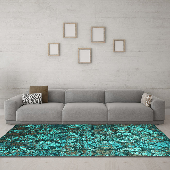 Machine Washable Abstract Turquoise Contemporary Area Rugs in a Living Room,, wshcon1273turq