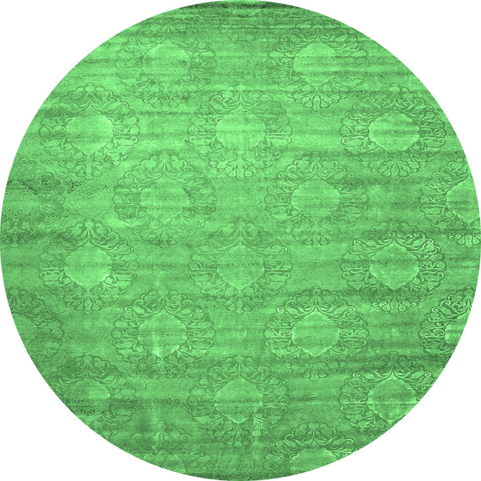 Round Machine Washable Abstract Emerald Green Contemporary Area Rugs, wshcon1274emgrn