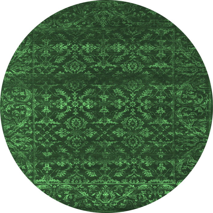 Round Machine Washable Abstract Emerald Green Contemporary Area Rugs, wshcon1277emgrn