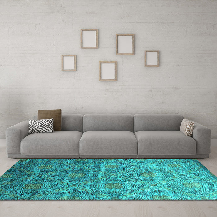 Machine Washable Abstract Turquoise Contemporary Area Rugs in a Living Room,, wshcon1278turq